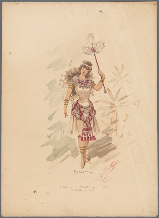 A woman in elaborate stage costume with embroidered bodice and wine-red draped skirt holds a delicate wand overhead, posed against soft foliage.