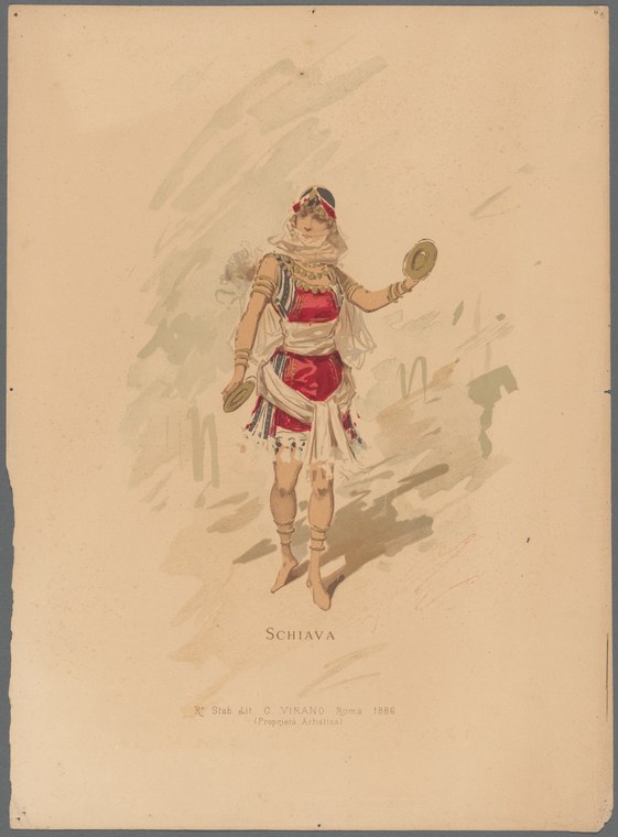 Standing woman in draped white tunic with red hip panels, holding a circular object, in a theatrical costume design labeled Schiava.