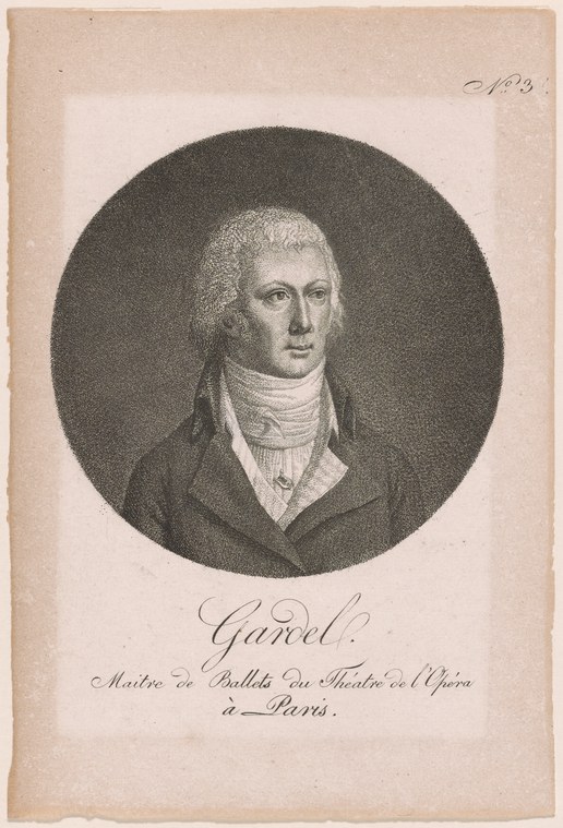 Engraved portrait of Pierre Gardel, ballet master of the Paris Opéra, in formal 18th-century dress against a dark oval background.