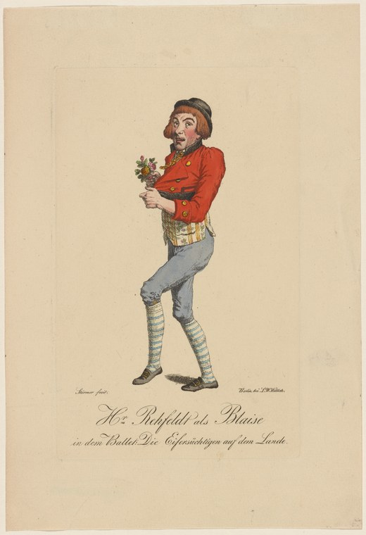 Hand-colored engraving of a male dancer in a red jacket and striped stockings, holding flowers, in a dynamic playful pose.