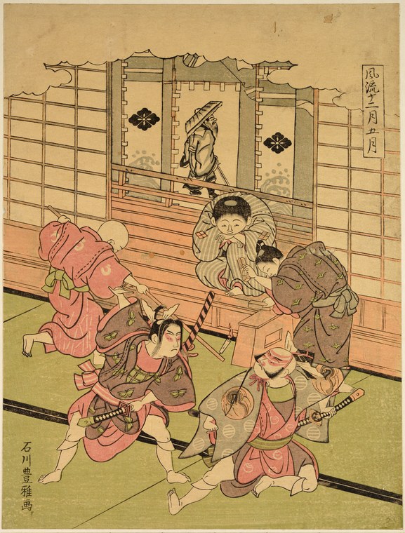 Five young performers in a Japanese interior: four crouch in contorted, comedic poses in the foreground; one sits calmly on the veranda behind them.