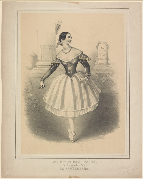 Lithograph of a young woman in Romantic-era ballet costume: corseted dark bodice and voluminous white pleated skirt, standing in composed pose with weight on