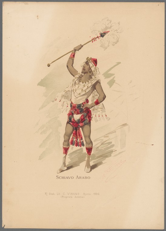 A brown-skinned standing figure in elaborate red and white costume raises a feathered staff overhead, displaying ornamental dress in a frontal theatre pose.