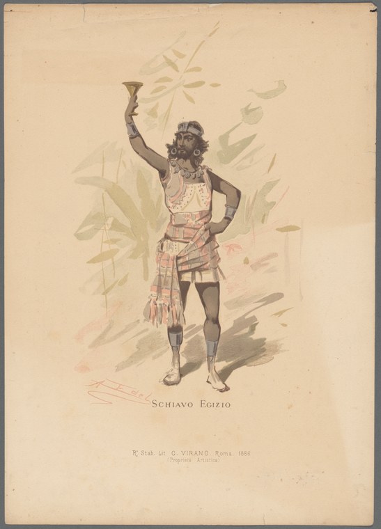 Hand-colored engraving of a muscular man with dark skin wearing a pleated skirt and beaded chest piece, standing with raised left arm holding a torch and right