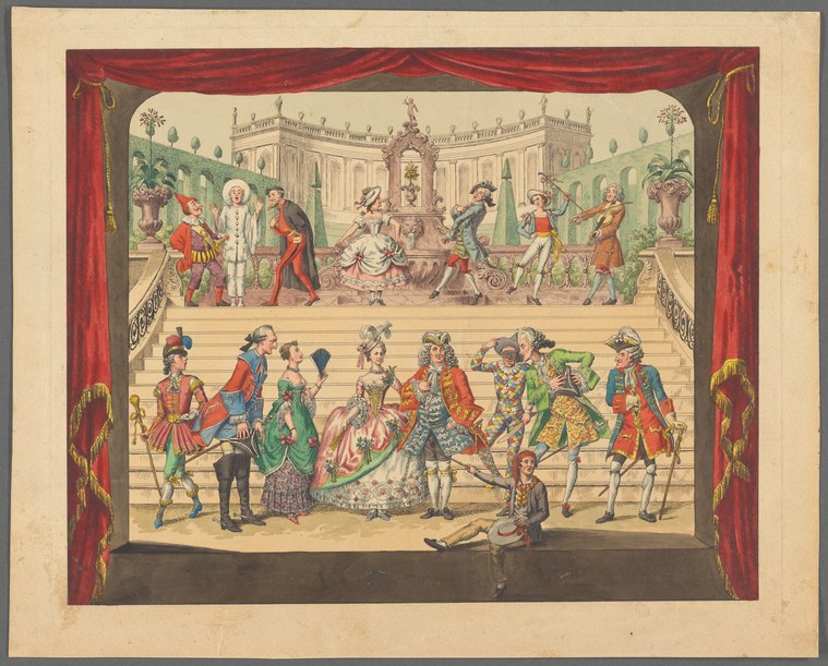 Hand-colored etching of an 18th-century aristocratic ball with costumed dancers and musicians in a palatial garden setting, framed by crimson curtains.