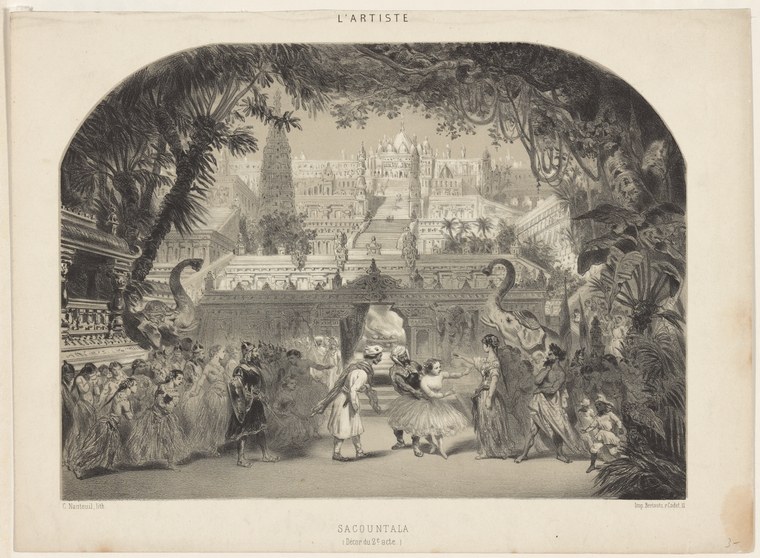 Engraving of a palatial set framed by foliage arch, with small classical figures dancing in center beneath towers and distant architecture.