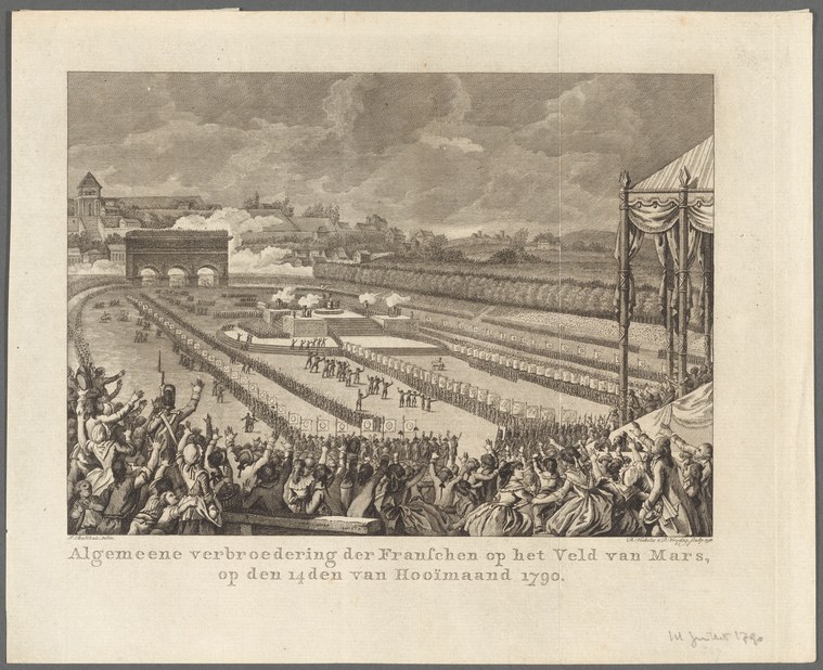 Engraving of crowds gathered on an open field with fortifications and pavilion, celebrating the French Revolution in 1790.