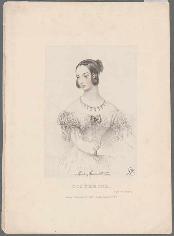 Three-quarter portrait of a young woman in a mid-Victorian off-shoulder dress with fringed sleeves, looking left, her hair in a chignon with a circlet.