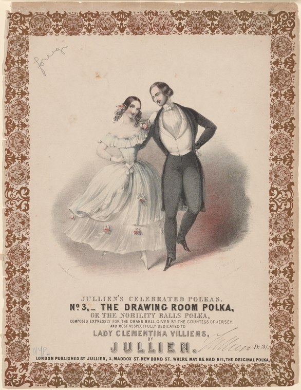 A man in black tailcoat and a woman in a white ball gown stand close together, her hand on his arm, in a fashionable drawing room.