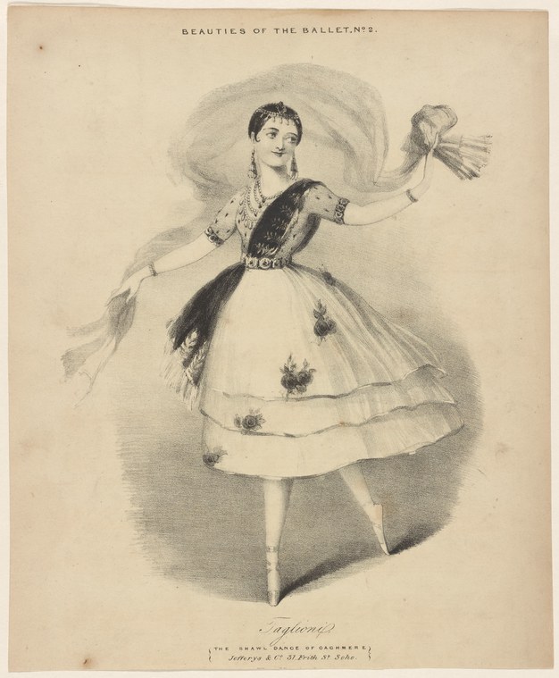 Maria Taglioni in Romantic ballet dress holds a gossamer shawl aloft, standing en pointe in a graceful, ethereal pose.