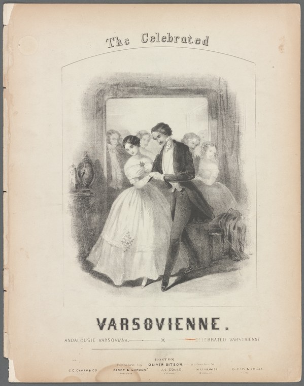 A man and woman in ballroom dress perform a varsovienne, turning together while a small group watches in a parlor interior.