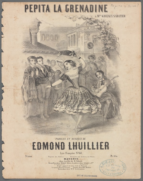 Lithograph of a woman in a white tiered skirt dancing in a sunlit courtyard, watched by men and a guitarist.
