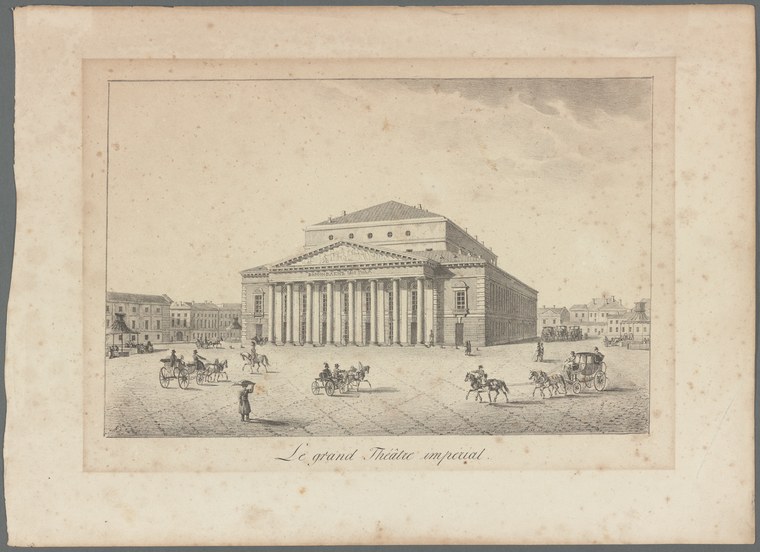 Engraving of a grand neoclassical theatre building with columned portico facing a public square, 18th century.