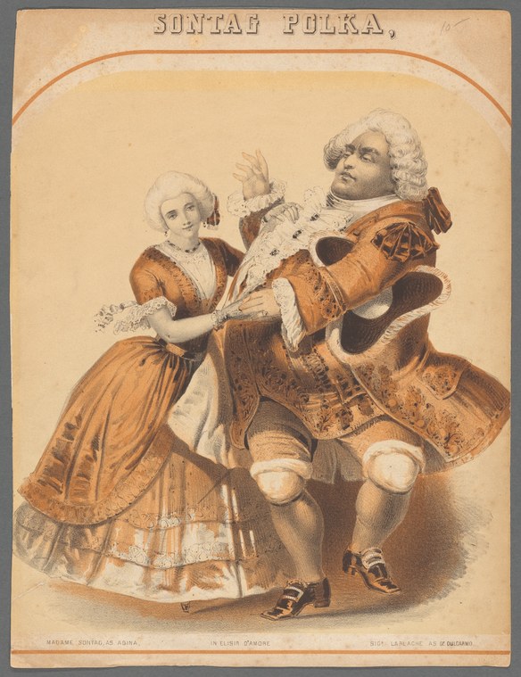Couple in 18th-century dress dance the polka in closed ballroom frame, woman's skirt spread mid-turn, both figures leaning back in characteristic bounce.