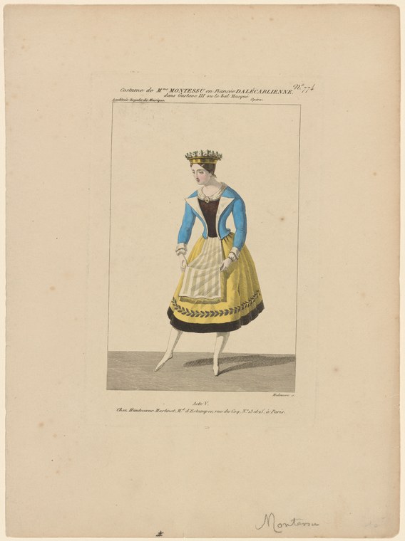 A woman in 1830s theatrical costume stands facing forward: blue velvet bodice, yellow-striped skirt, metal crown, posed statically.