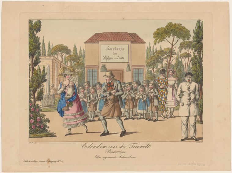 Hand-colored engraving: two figures in exaggerated poses face a crowd of spectators in a neoclassical garden theater setting, labeled as a pantomime scene.