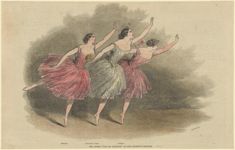 Three female ballet dancers in voluminous Romantic-era skirts and bare shoulders, posed in synchronized arabesque with raised arms.