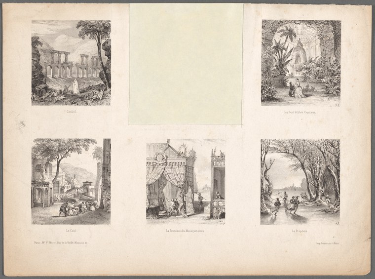 Five engravings of theatrical scenes: classical ruins, romantic gardens, urban streets, fortified pavilions, and wooded avenues.