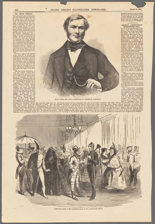 Wood engraving of a crowded masquerade ball with costumed guests, with a portrait of a gentleman above.