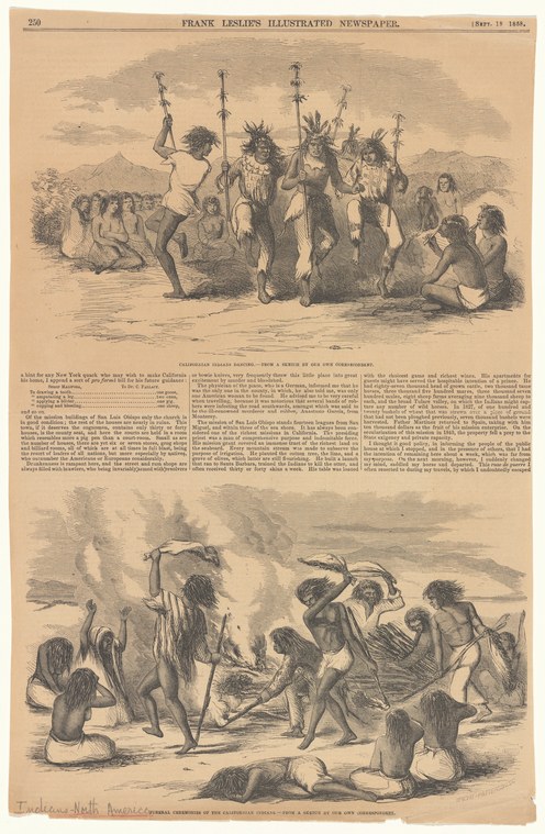 Two-panel wood engraving showing groups of Indigenous people in feathered regalia and minimal clothing gathered outdoors, some in animated poses and gestures