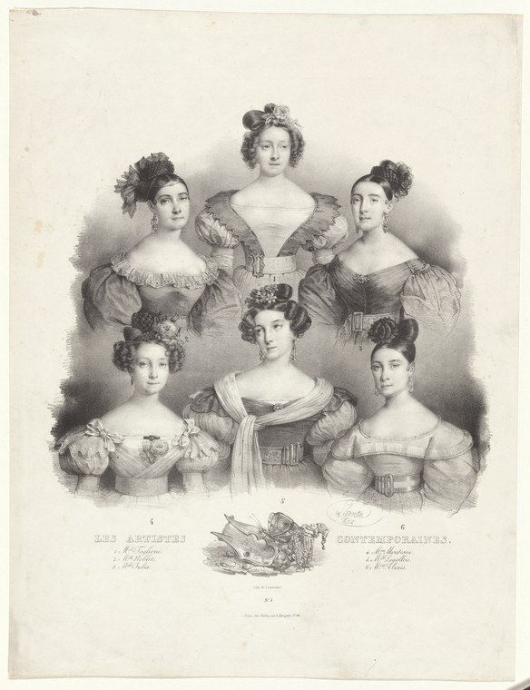 Six fashionably dressed women in 1890s gowns arranged in a formal group portrait, circa 1890s steel engraving.