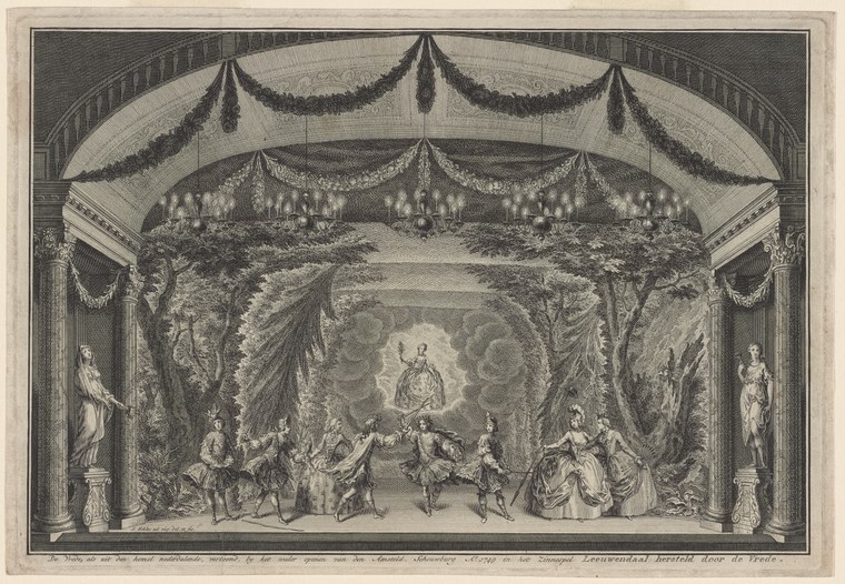 Engraving showing a Baroque theater proscenium with draped arch, columns, and painted stage scenery. Multiple figures in period costume pose theatrically
