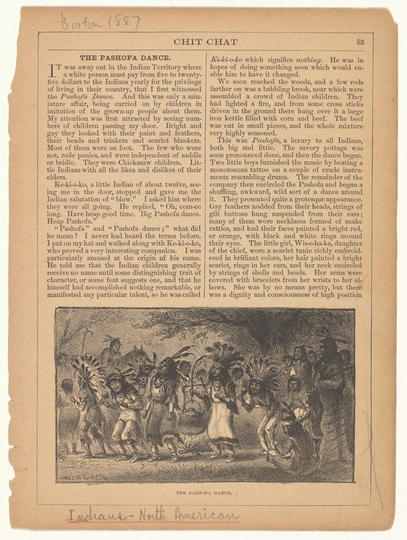 Engraving of Native American dancers in feathered regalia gathered around a firelit clearing in a dark forest.
