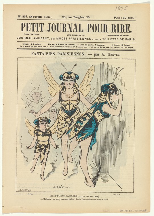 Three winged insect-like figures in grotesquely distorted ballet poses, with exaggerated limbs and joints, mid-leap against a hatched background.
