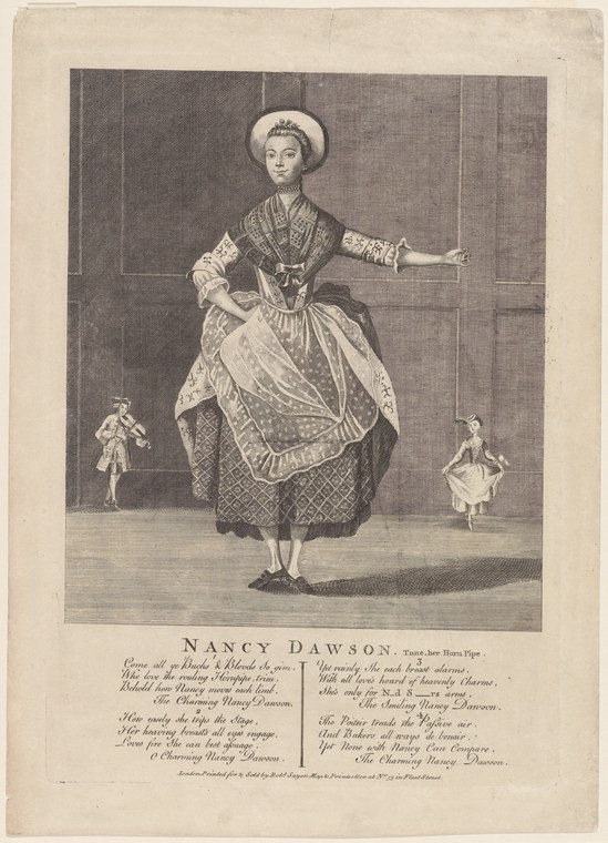 Engraved portrait of an 18th-century woman in patterned dress and bonnet, standing in a composed theatrical pose with one arm extended.