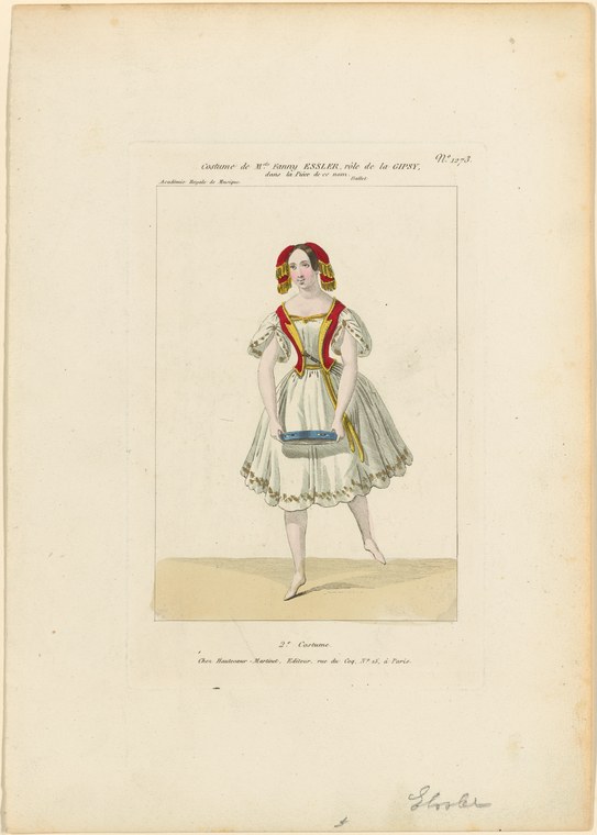 Hand-coloured engraving of a female dancer in a white muslin dress with red velvet jacket and gold trim, standing alone against a plain background.