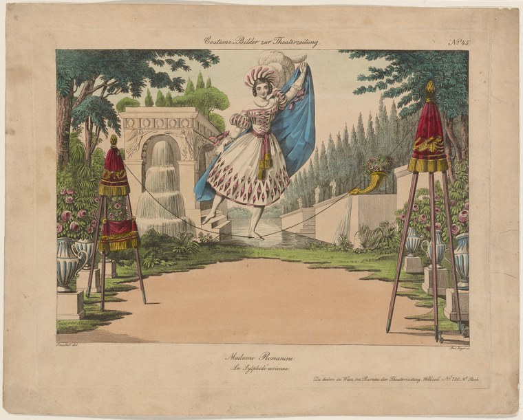 A woman in a white Romantic ballet dress and pointe shoes floats in a garden, her arms raised, holding blue drapery, in an aerial pose.