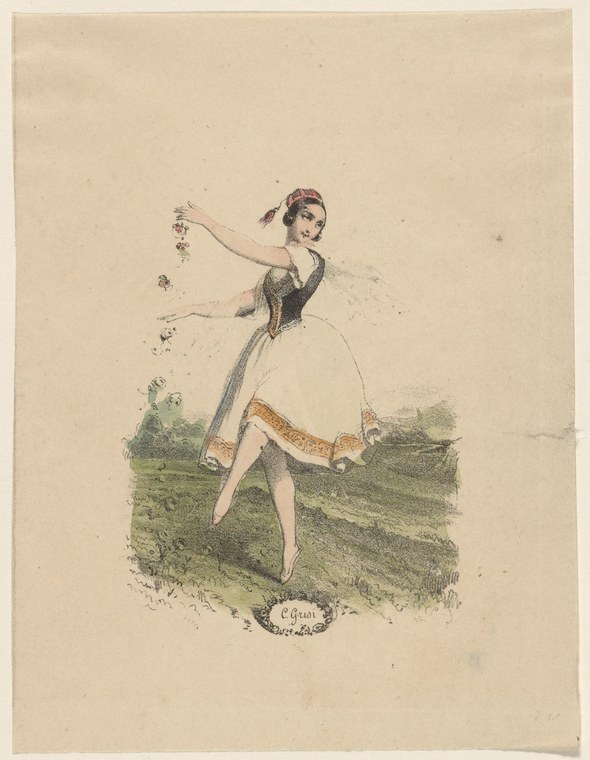 Hand-colored engraving of a young female ballet dancer en relevé on one leg with the other raised high behind her, arms open, in a natural landscape setting.