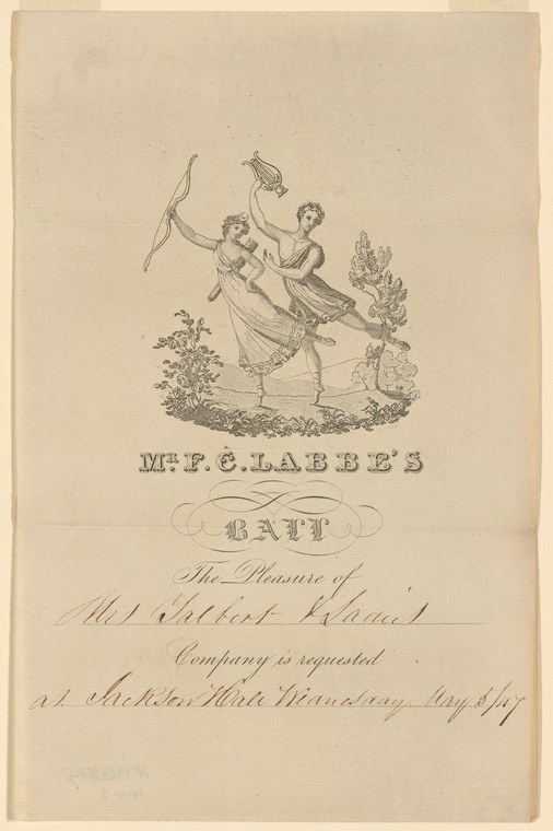 Engraved invitation to a ball showing two Regency-era women in high-waisted gowns standing above flowering plants, with text below.
