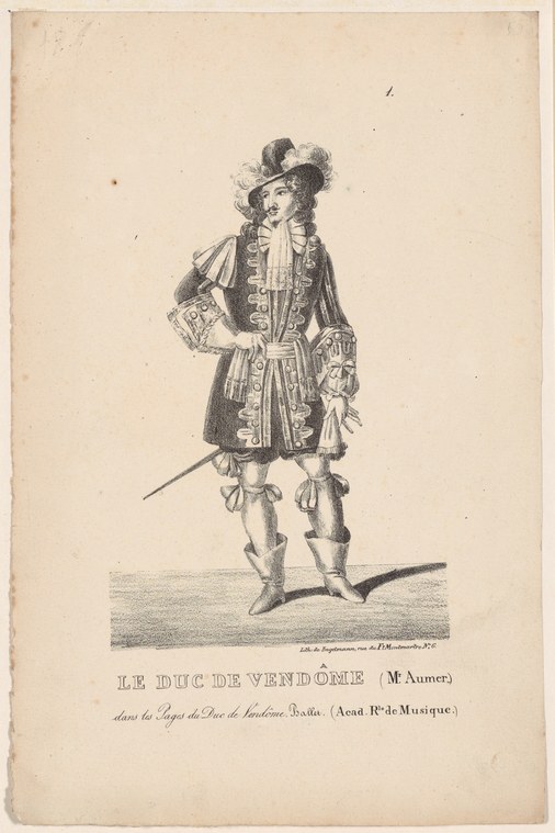 Engraved figure of a male dancer in ornate early 18th-century coat, breeches, and plumed hat, standing in upright pose.