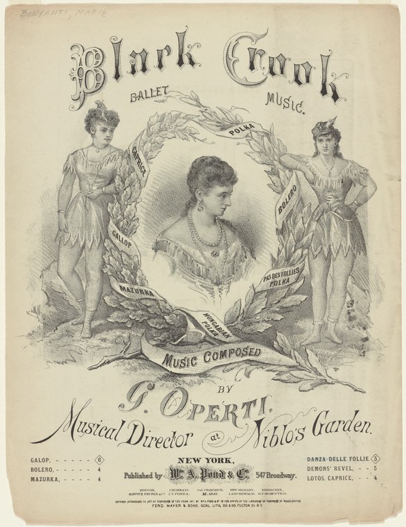 Engraved title page for ballet music: classical female figures with lyre and palm flank a portrait bust, surrounded by decorative laurels and dance titles.