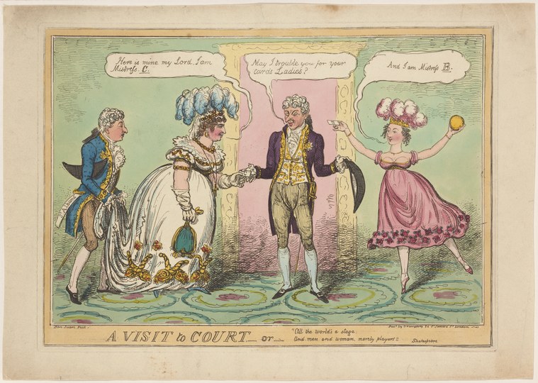 Four fashionably dressed 18th-century figures in a theatrical pose; a woman with a small dog, two men, and another woman with a fan, in speech bubbles.