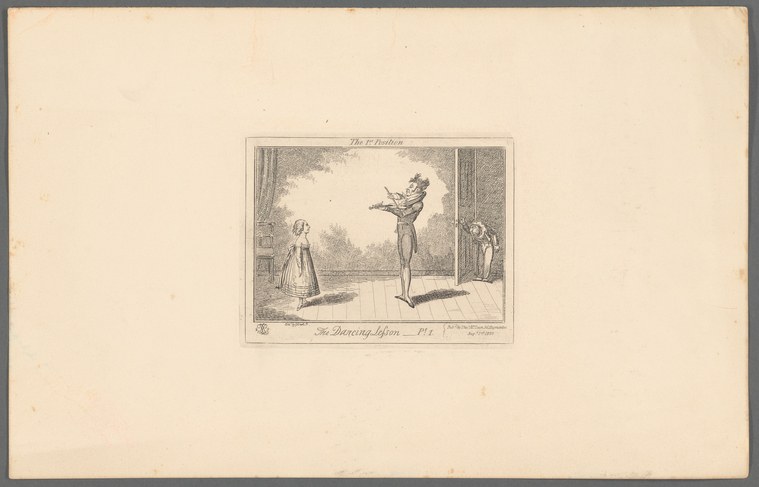A dancing master instructs a young woman in a first position, gesturing with one raised arm while she stands attentively in a formal ballroom.