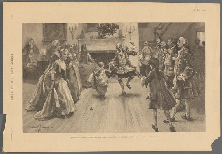Engraved print of colonists in formal dress dancing the Virginia Reel in a paneled room, with couples in motion and waiting figures lining both sides.