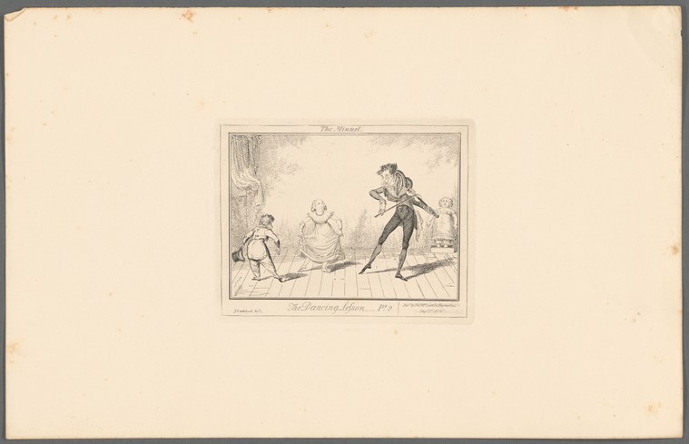 A dancing master demonstrates the minuet to a formally posed male pupil, while a woman watches from the side, in an eighteenth-century engraving.