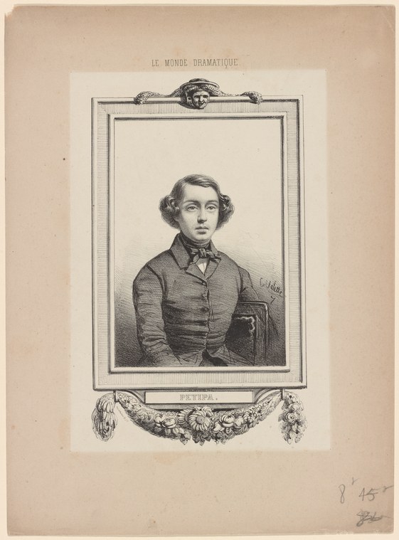 Engraved portrait of a dark-haired young man in nineteenth-century formal dress holding a manuscript, within an ornate frame topped with a carved ornament.