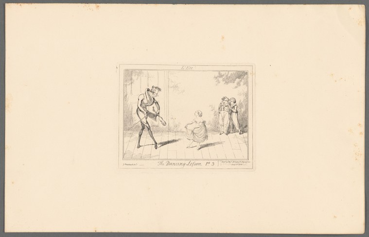 Regency-era engraving of a dance instructor in an exaggerated arabesque pose instructing a knock-kneed pupil, observed by two onlookers in a wooden-floored