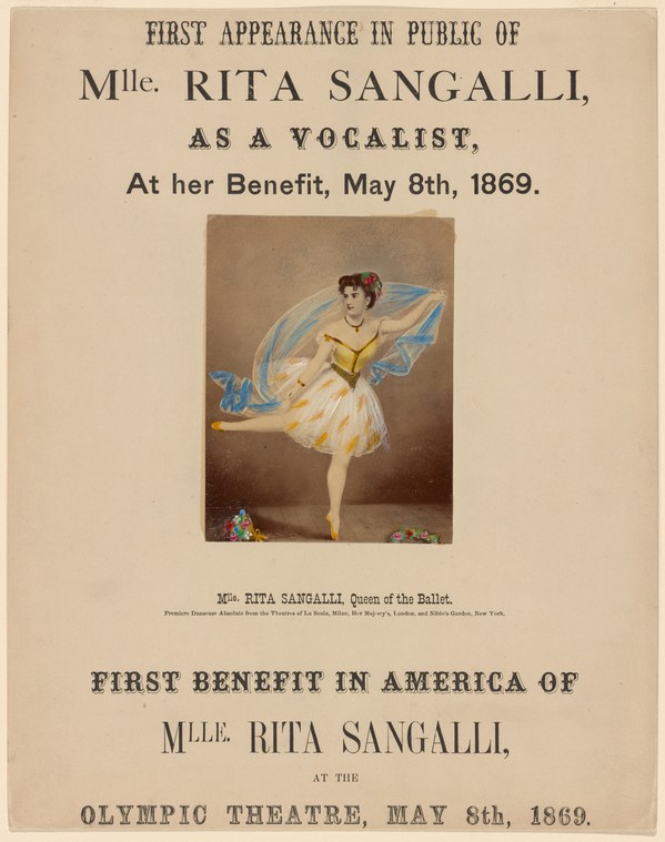 Hand-colored lithographic poster announcing Rita Sangalli's vocal debut, depicting her in a pale yellow dress with a billowing blue scarf, standing in an