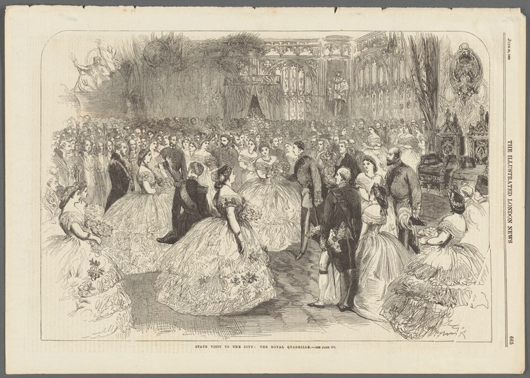 Engraving of couples in formal dress dancing a quadrille in an ornate ballroom with onlookers.