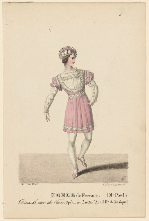A woman in Regency dress and upswept hair stands in profile, posed with one leg extended and arms open, wearing a pink gown with puffed sleeves.