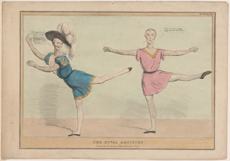 Two female dancers in mirror poses, one in blue with a feathered hat, one in pink, each balanced on one leg with the other extended high to the side.