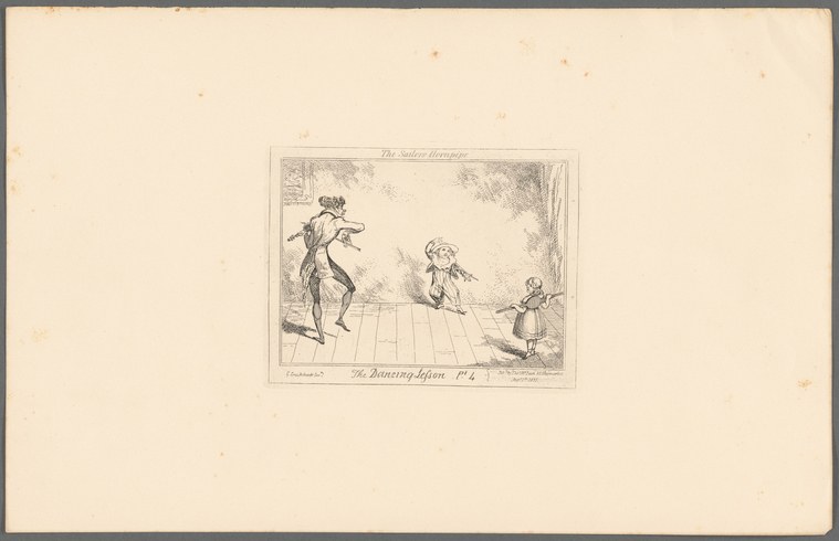 Etching: a man in a coat demonstrates a sailor's hornpipe to a small boy, both with stiffened posture and splayed legs, while two women observe.