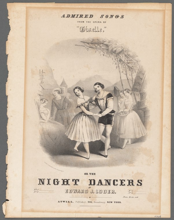 Three female ballet dancers in white tutus and dark bodices pose with raised arms in a moonlit graveyard. A gnarled tree and church spire loom in the darkness