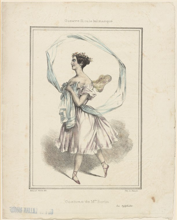 Engraving of a young woman in pale ballet dress and pointe shoes, posed weightlessly with a billowing veil rising around her.