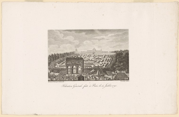 Bird's-eye engraving of a vast crowd assembled on a flat field with a pavilion and formal gardens, Paris 1790.