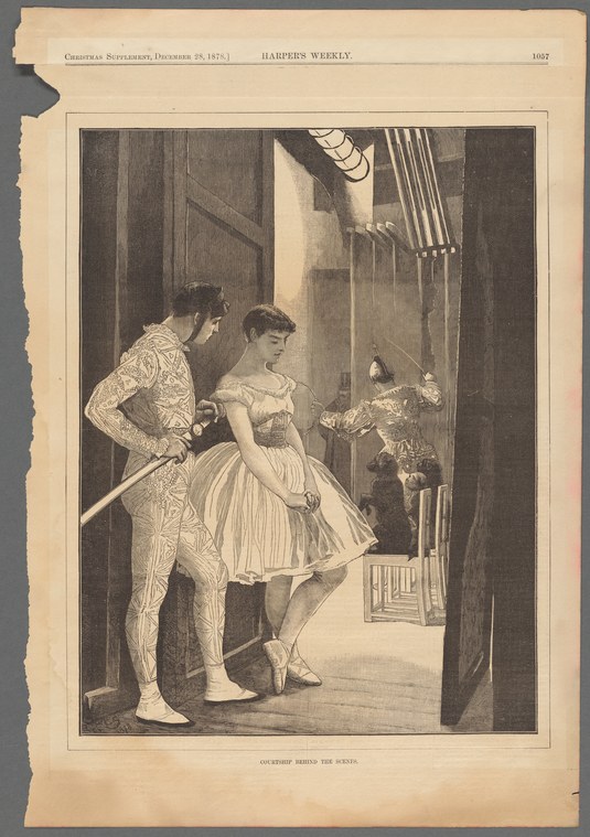 Male figure in ornate Renaissance costume gestures toward female ballet dancer in tutu and pointe shoes in a shadowed backstage corridor.